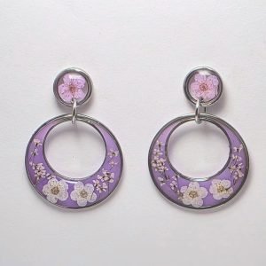 Double Flower Halo Hoop Earrings – Light Purple Resin/White, Pink/Silver