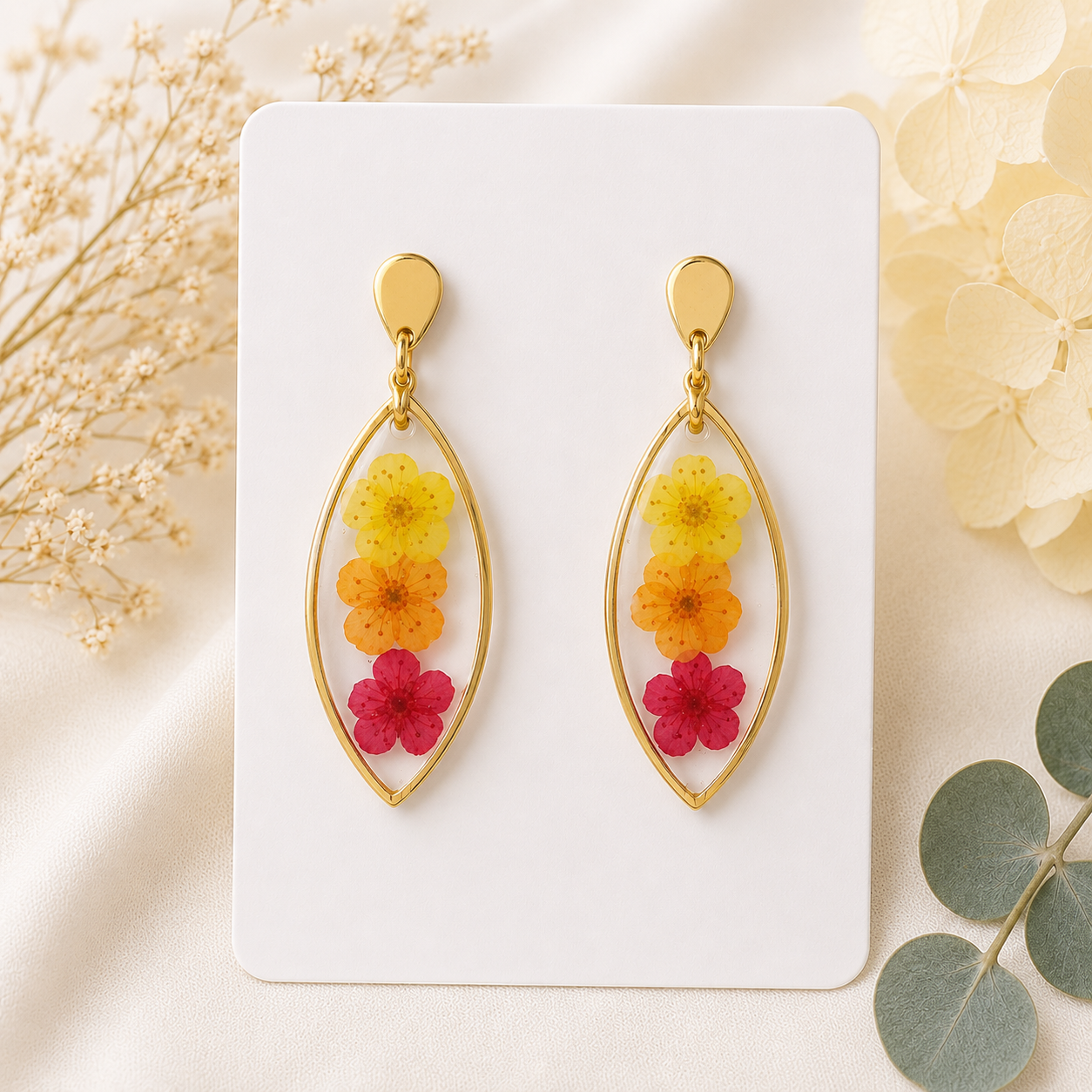 77 C real natural pressed flower gold plated stainless steel posts light weight hypoallergenic