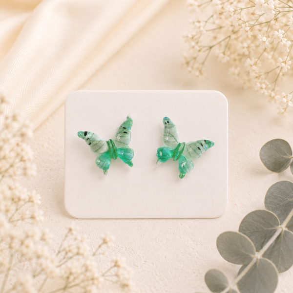 Green Yellow Butterfly Real Pressed Flower Earrings (Style 110A)