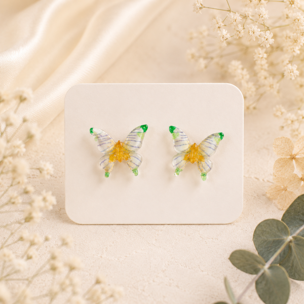 Green Yellow Butterfly Real Pressed Flower Earrings (Style 110A)