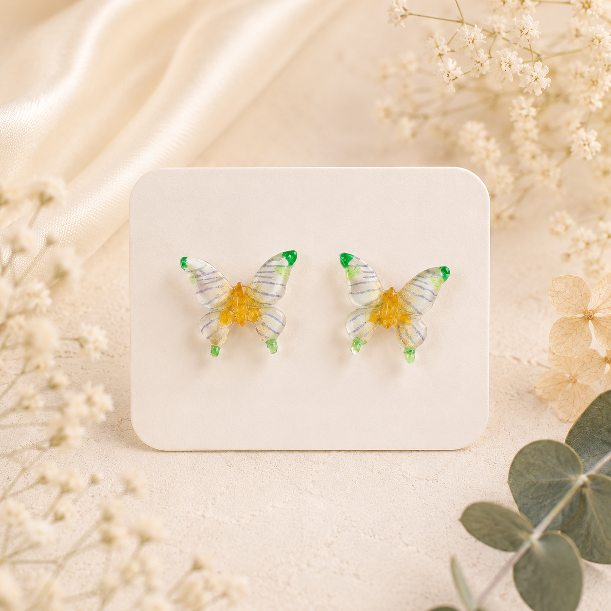 Green Yellow Butterfly Real Pressed Flower Earrings (Style 110A)