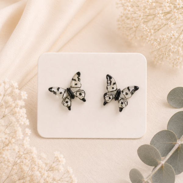 White Black Butterfly Real Pressed Flower Earrings (Style 110)