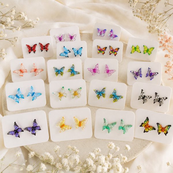 White Black Butterfly Real Pressed Flower Earrings (Style 110)