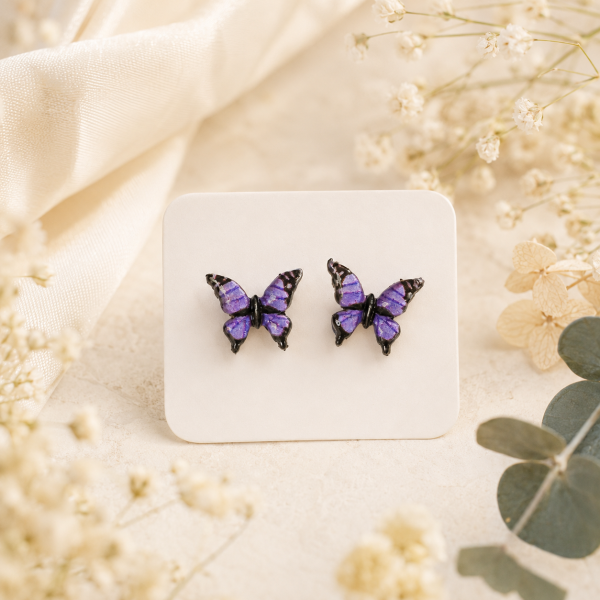 White Black Butterfly Real Pressed Flower Earrings (Style 110)