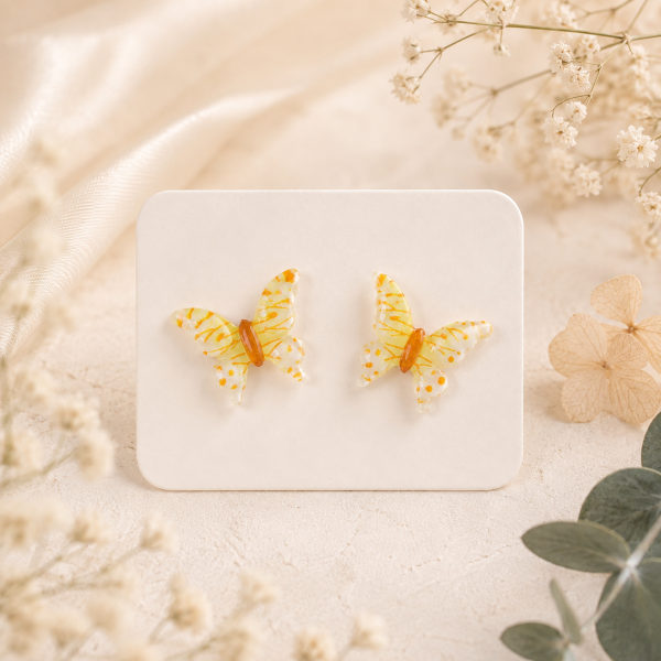 White Black Butterfly Real Pressed Flower Earrings (Style 110)