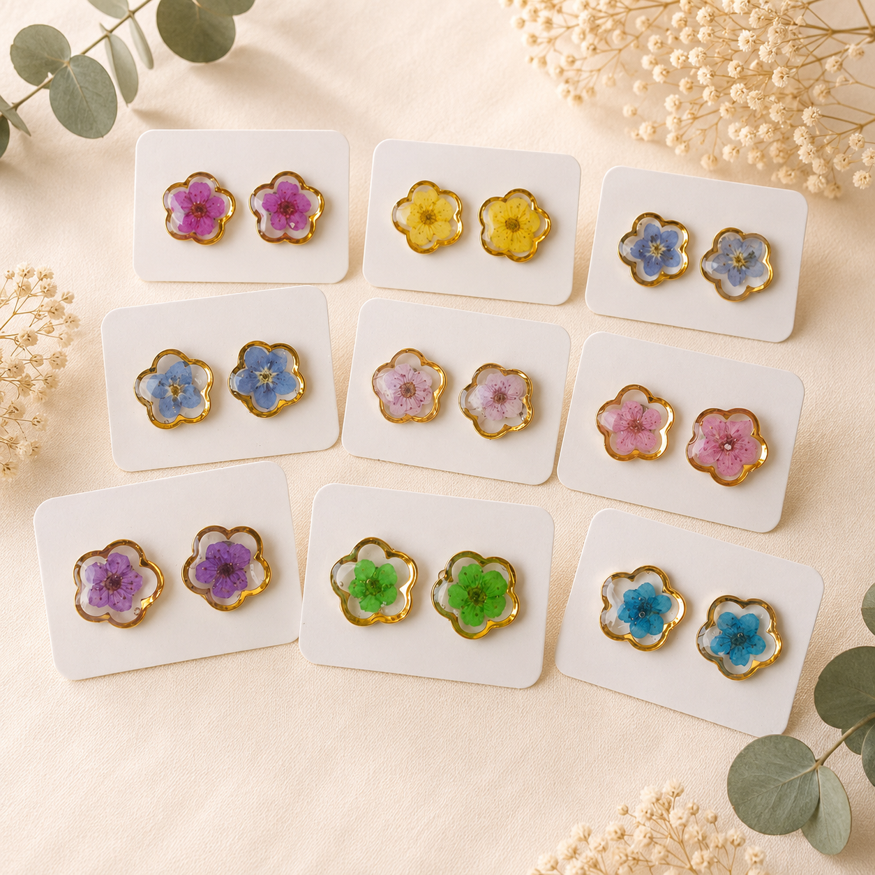 Gold Real Pressed Flower Earrings (Style 112)