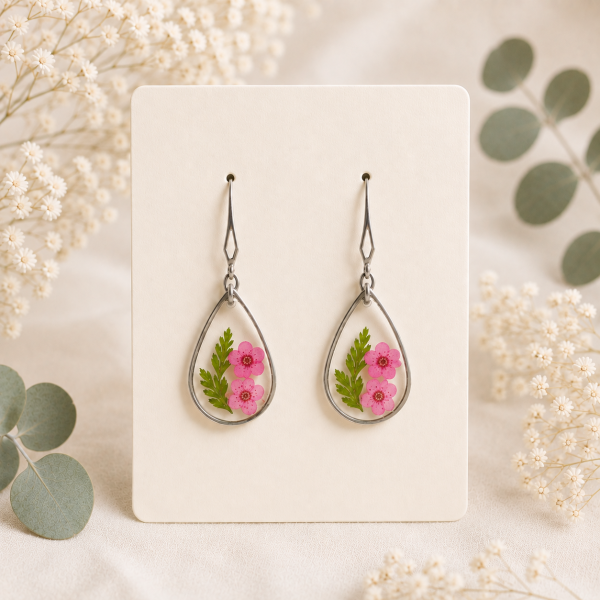 Dark Pink Real Pressed Flower Earrings (Style 128)