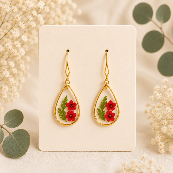 Dark Pink Real Pressed Flower Earrings (Style 128)