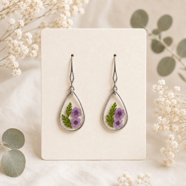 Dark Pink Real Pressed Flower Earrings (Style 128)