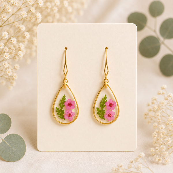 Dark Pink Real Pressed Flower Earrings (Style 128)