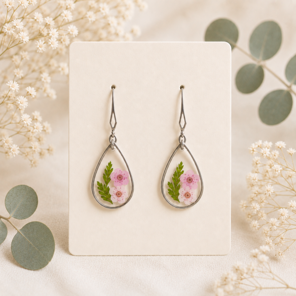 Dark Pink Real Pressed Flower Earrings (Style 128)