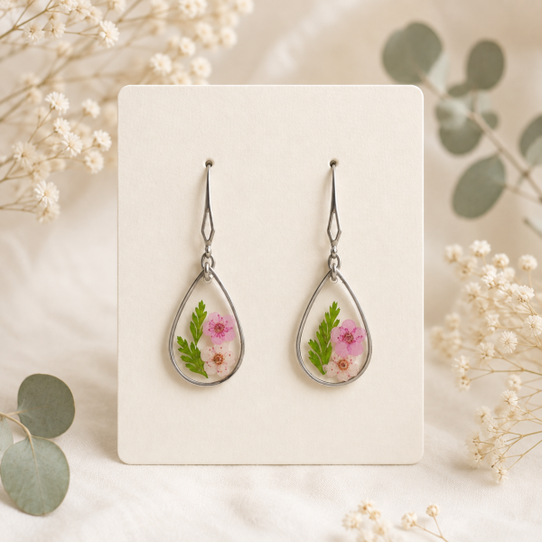 Dark Pink Real Pressed Flower Earrings (Style 128)