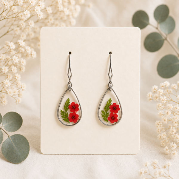 Dark Pink Real Pressed Flower Earrings (Style 128)