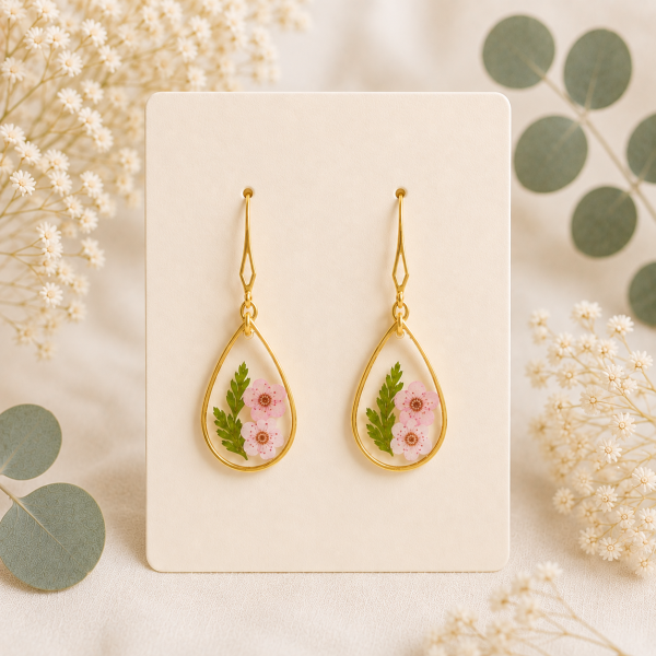 Gold Light Pink Real Pressed Flower Earrings (Style 128A)