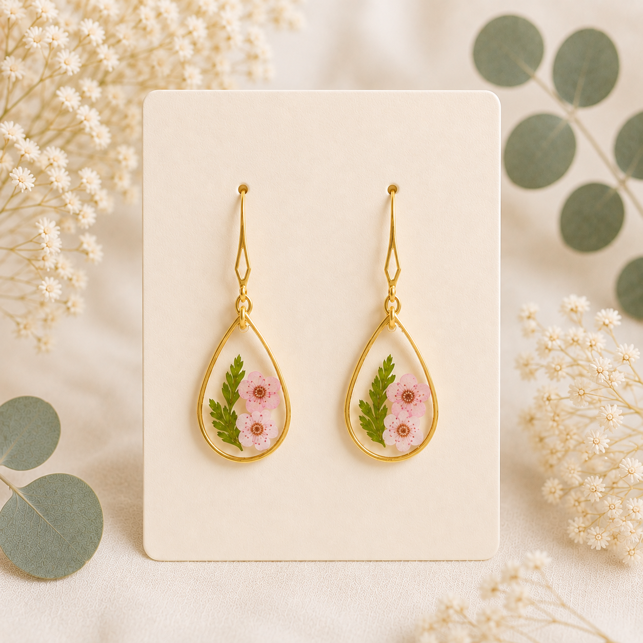 Gold Light Pink Real Pressed Flower Earrings (Style 128A)