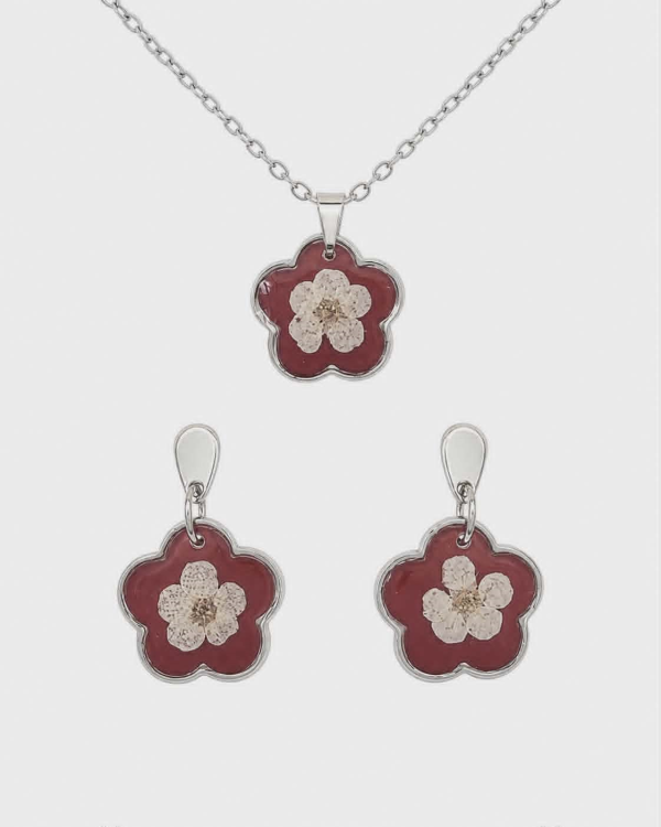 Real Pressed Flower Earrings & Necklace Set (Style 13)