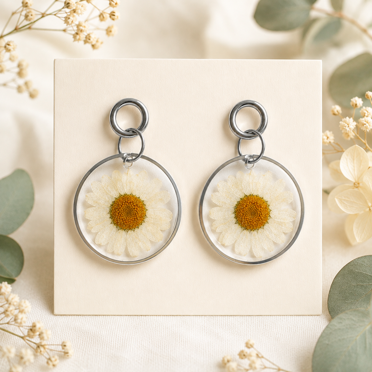 White Daisy Real Pressed Flower Earrings (Style 130A)