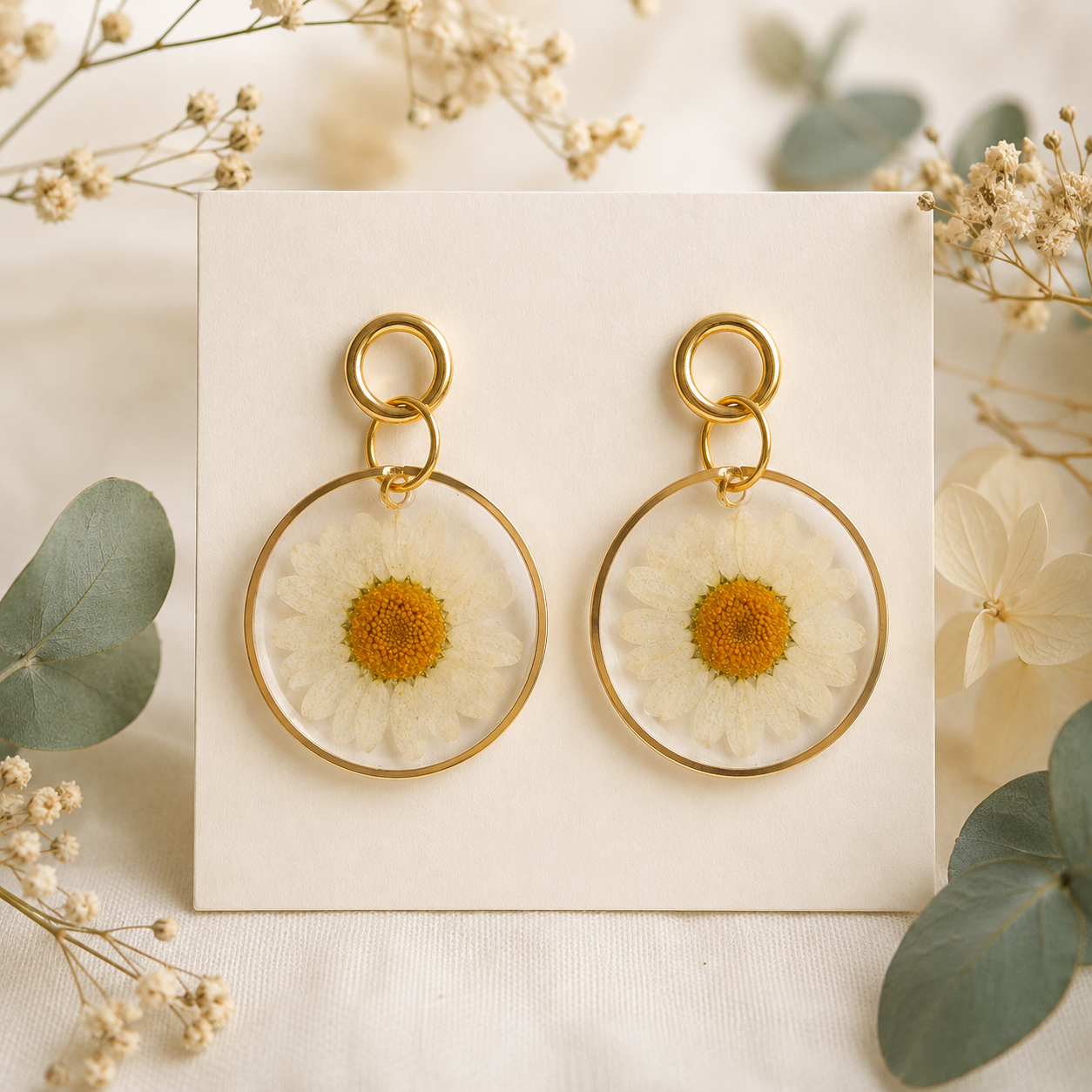 White Daisy Real Pressed Flower Earrings (Style 130)