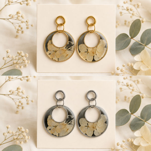 Hydrangea Real Pressed Flower Earrings (Style 131)