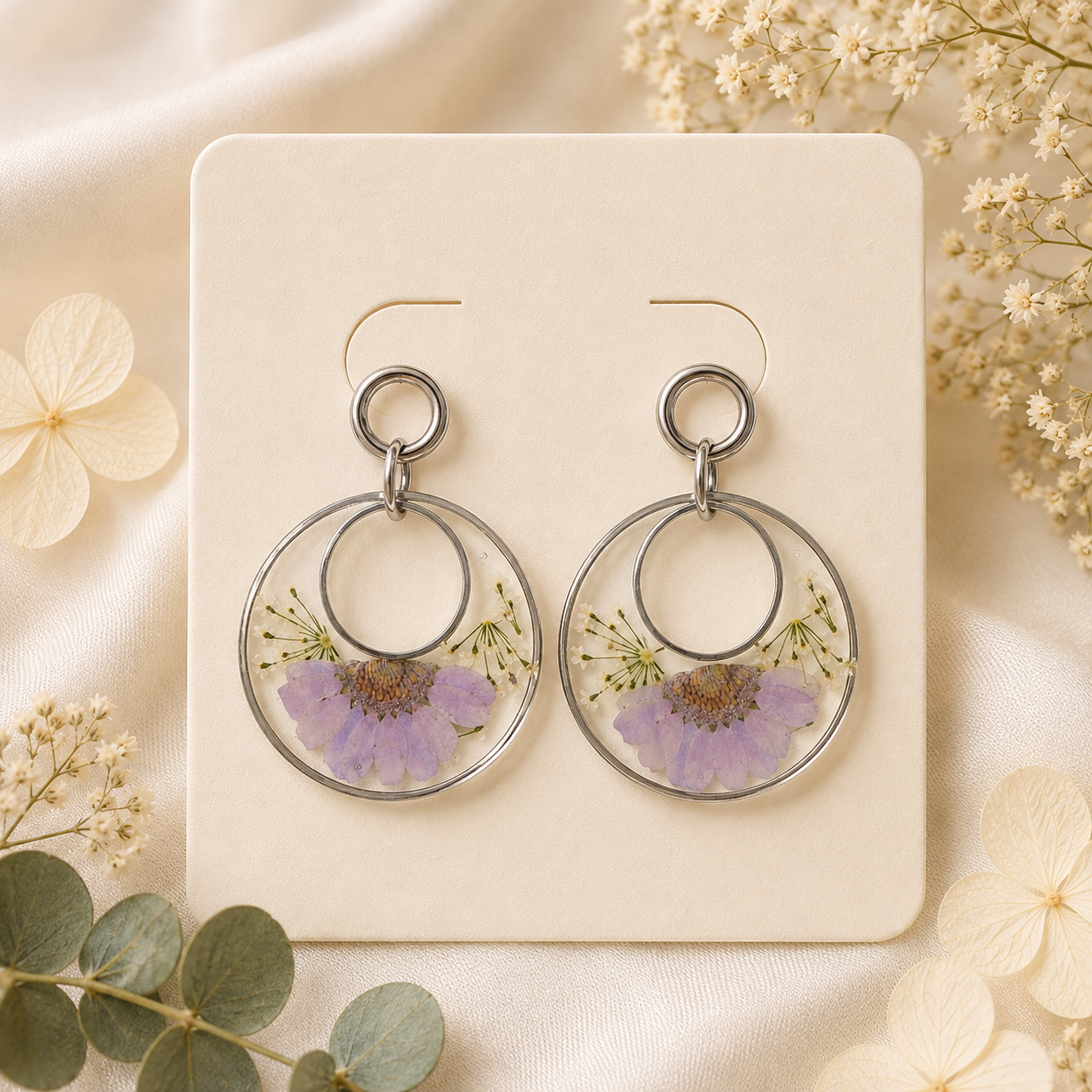 Daisy Butterfly Real Pressed Flower Earrings (Style 134B)