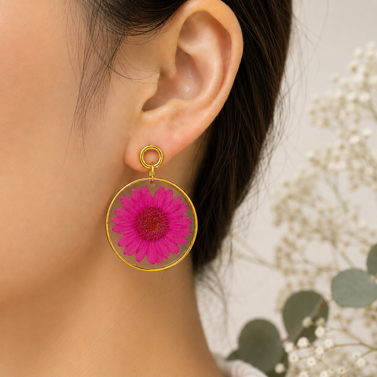 Daisy Butterfly Real Pressed Flower Earrings (Style 134G)