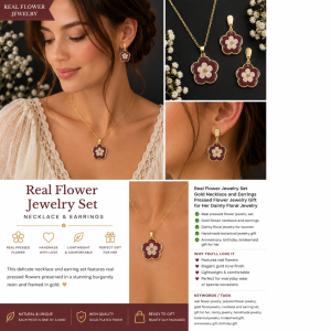 Real Pressed Flower Earrings & Necklace Set (Style 13B)