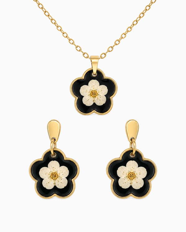 Real Pressed Flower Earrings & Necklace Set (Style 13C)