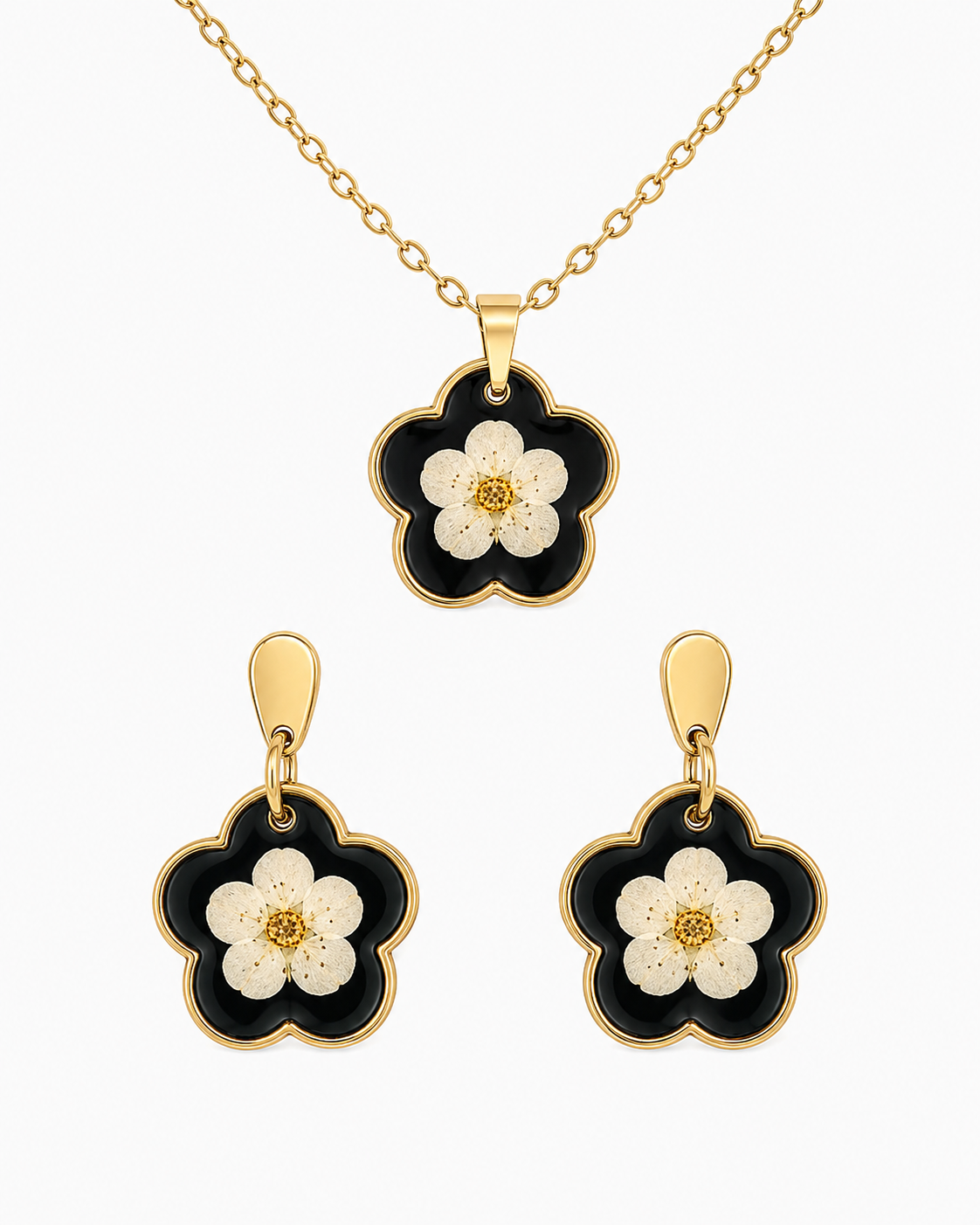 Real Pressed Flower Earrings & Necklace Set (Style 13C)