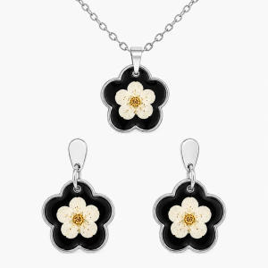 Real Pressed Flower Earrings & Necklace Set (Style 13D)