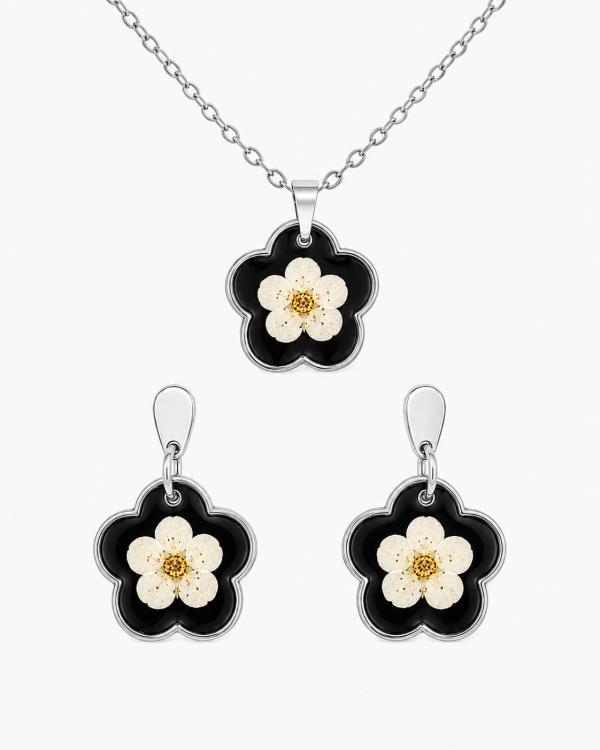 Real Pressed Flower Earrings & Necklace Set (Style 13D)