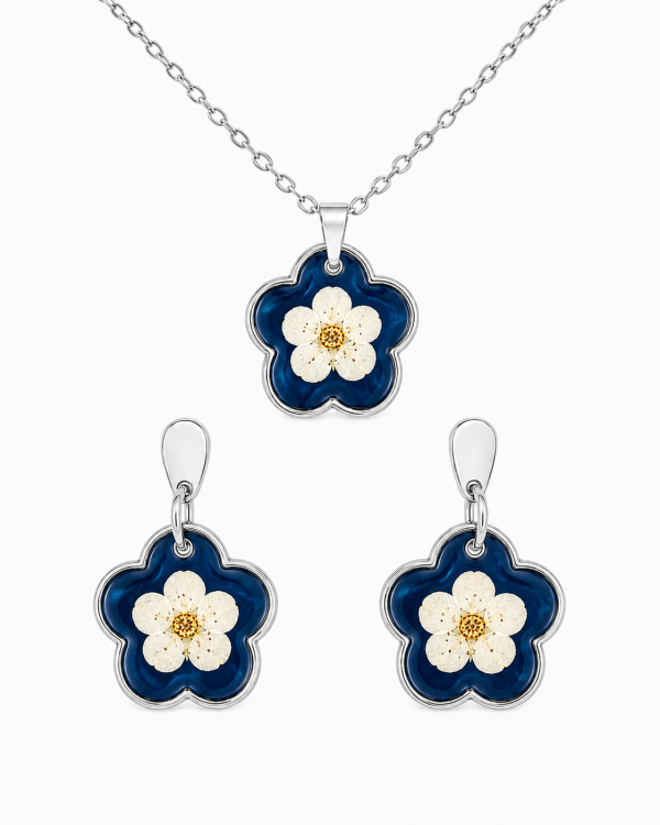 Real Pressed Flower Earrings & Necklace Set (Style 13E)
