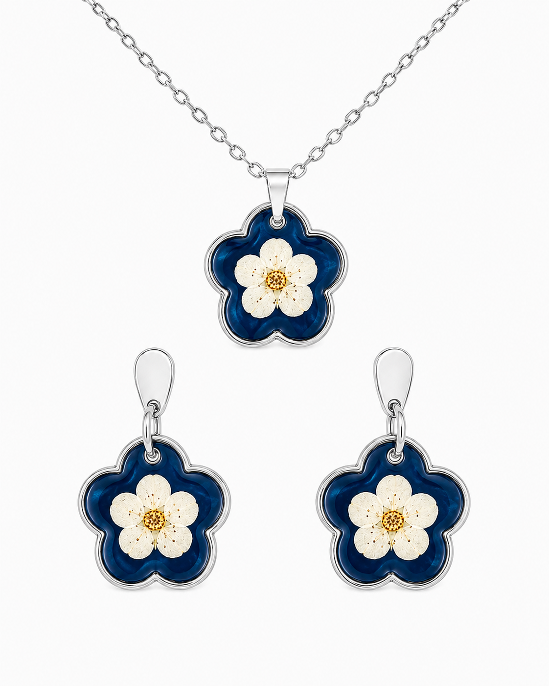 Real Pressed Flower Earrings & Necklace Set (Style 13E)