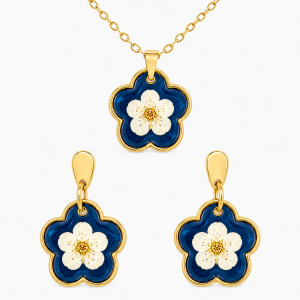 Real Pressed Flower Earrings & Necklace Set (Style 13F)