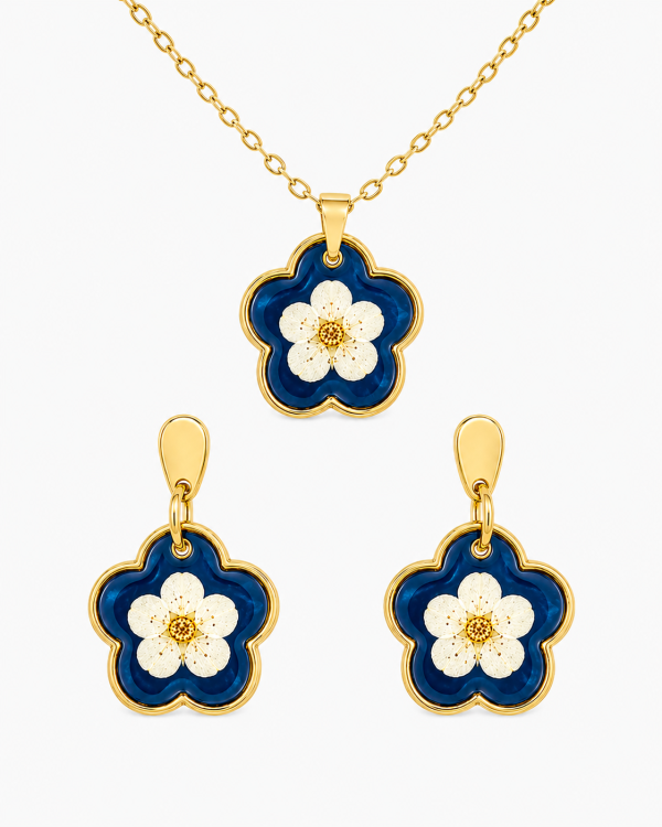 Real Pressed Flower Earrings & Necklace Set (Style 13F)