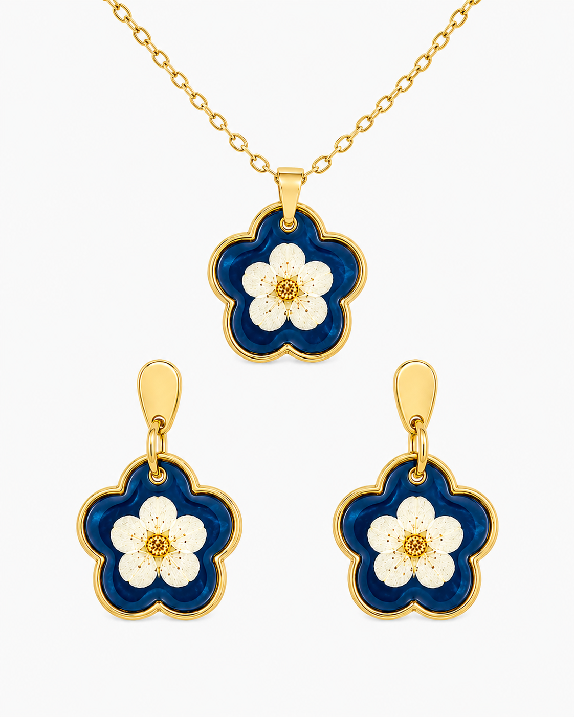 Real Pressed Flower Earrings & Necklace Set (Style 13F)