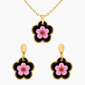 Real Pressed Flower Earrings & Necklace Set (Style 13G)