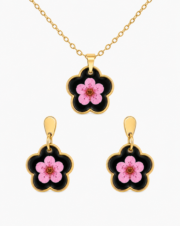 Real Pressed Flower Earrings & Necklace Set (Style 13G)