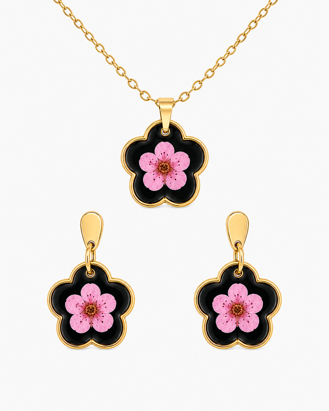 Real Pressed Flower Earrings & Necklace Set (Style 13G)