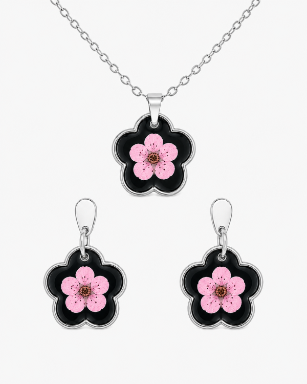 Real Pressed Flower Earrings & Necklace Set (Style 13H)