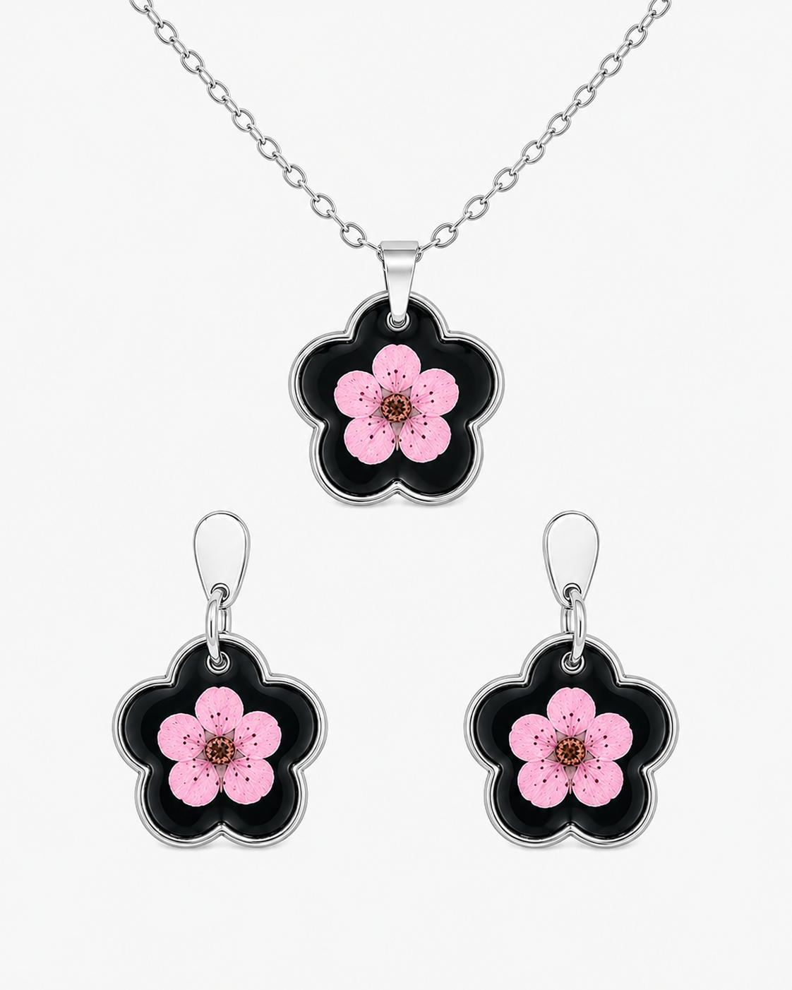 Real Pressed Flower Earrings & Necklace Set (Style 13H)