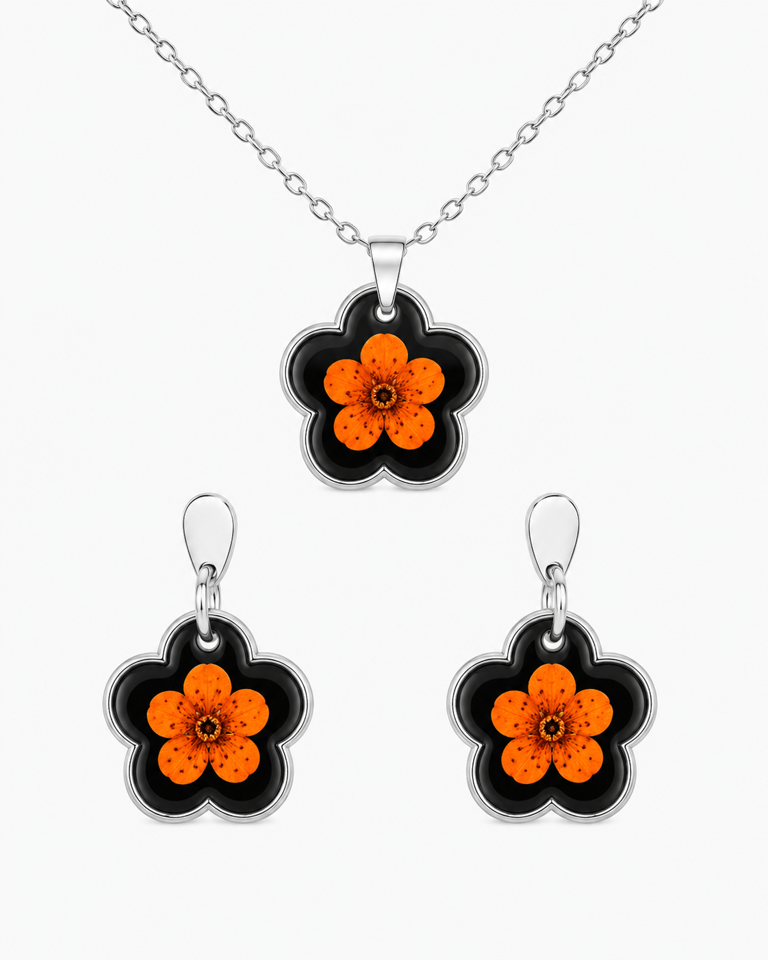 Real Pressed Flower Earrings & Necklace Set (Style 13J)