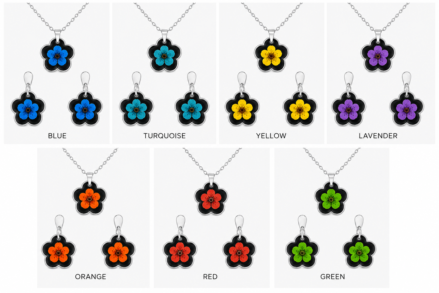 Real Pressed Flower Earrings & Necklace Set (Style 13L)