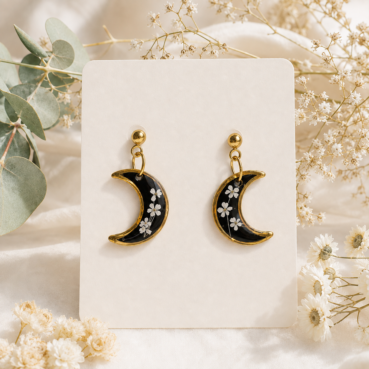 Moon Real Pressed Flower Earrings (Style 140A)