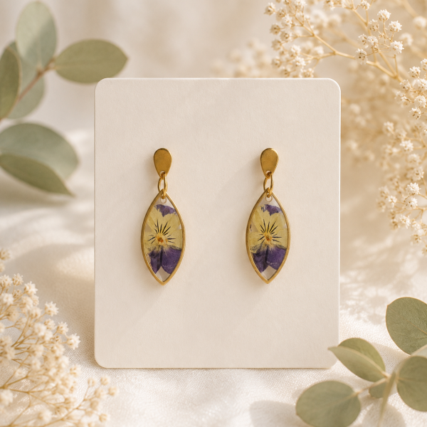 Gold Pansies Real Pressed Flower Earrings (Style 143)