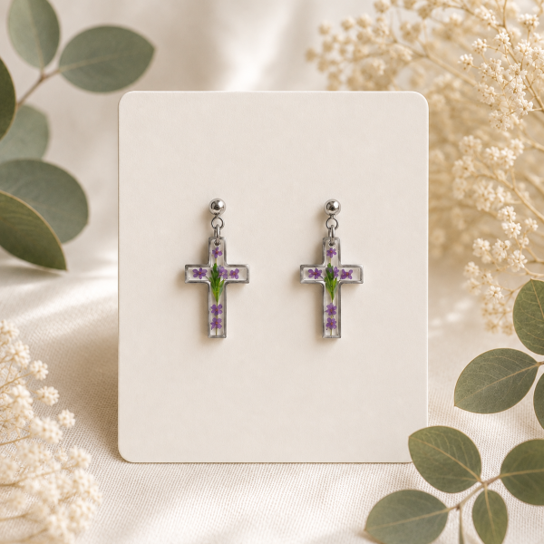 Cross Real Pressed Flower Earrings (Style 145A)