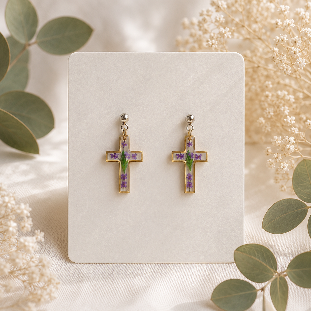 Cross Real Pressed Flower Earrings (Style 145)