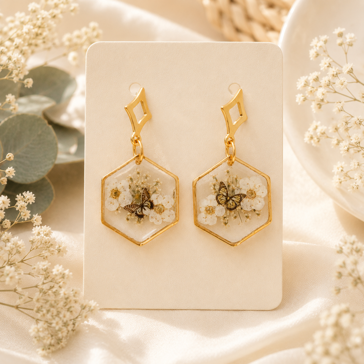 Gold Real Pressed Flower Earrings (Style 151)