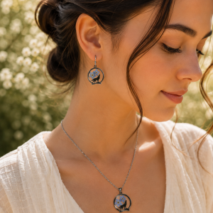 Forget Me Not Real Pressed Flower Earrings & Necklace Set (Style 157A)