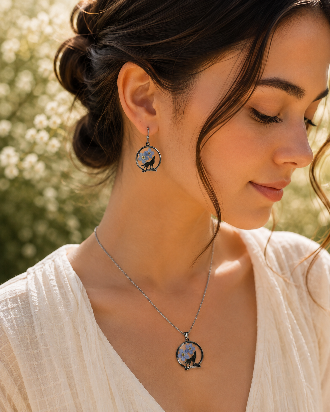 Forget Me Not Real Pressed Flower Earrings & Necklace Set (Style 157A)