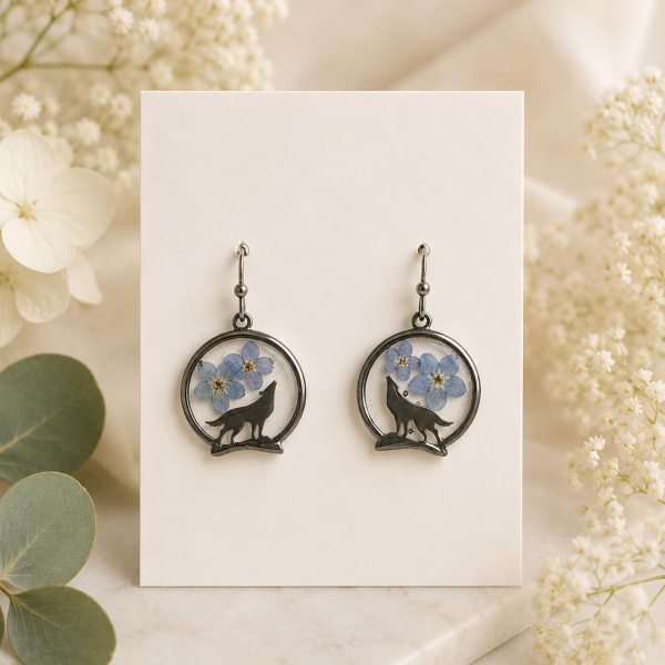 Forget Me Not Real Pressed Flower Earrings & Necklace Set (Style 157A)